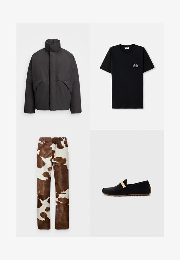 Juodas pūkinis švarkas su aukštu apykakle, paslėptu priekiu užtrauktuku, šoninėmis kišenėmis ir išsiuvinėtu logotipu viršutinėje kairėje krūtinės pusėje.; Juodas medvilnės marškinėliai su apvalia iškirpte. Su mažo balto grafikos dizaino elementu krūtinėje. Trumpomis rankovėmis ir tiesiu pašonu.; Karvėti raštuoti džinsai, derinant rudas ir béžines spalvas. Funkcionalus laisvas siluetas, tvirtas džinsinis audinys ir klasikinis penkių kišenių dizainas.; Juodos zomšo loaferiai su auksinės spalvos juostele per priekinę dalį, plokščiu gumuotu padu su tekstūrine danga ir apvalia nosimi.