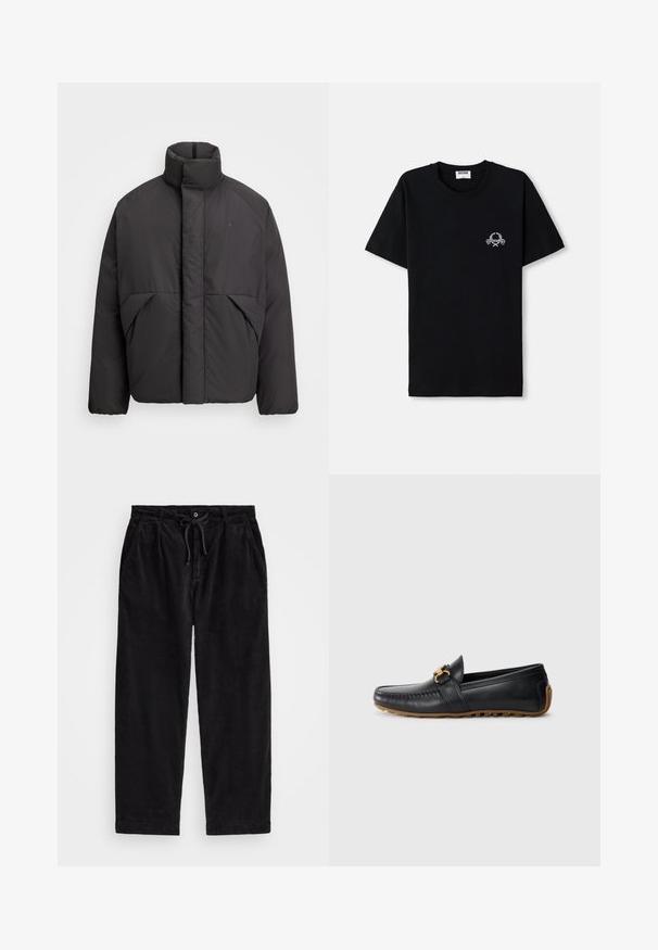 Fekete puffernadrág magas gallérral, rejtett elülső cipzárral, oldalsó zsebekkel és hímzett logóval a bal felső mellkason.; Fekete pamut póló, kerek nyakkivágással. Kicsi fehér grafikai mintával a mellrészen. Rövid ujjú és egyenes aljjal rendelkezik.; Fekete kordbársonyfelső nadrág laza szabással, rugalmas derékpánttal és húzózsinórral, valamint oldalsó zsebekkel. Az anyag bordás textúrájú.; Fekete bőr mokaszin lekerekített orral, díszes arany csattal és gumitalppal. A felsőrészen és az oldalon öltögetett részletek találhatók.