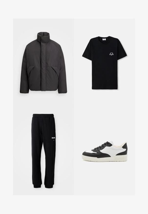 Black puffer jacket with high collar, concealed front zipper, side pockets, and embroidered logo on the upper left chest.; Black cotton t-shirt with a crew neckline. Features a small white graphic design on the chest. Short sleeves and straight hem.; Black sweatpants with a relaxed fit, made of soft fabric. Features an elastic waistband and white "Moschino" logo on the left thigh.; Black and white sneaker with a smooth leather upper, rounded toe, and flat rubber sole. Features black laces and soft inner lining.