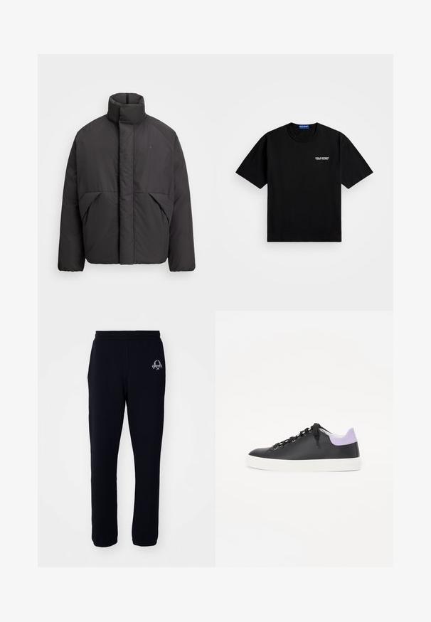 Crna puffer jakna s visokim ovratnikom, skrivenim prednjim patentnim zatvaračem, bočnim džepovima i izvezenim logotipom na gornjem lijevom prsnom dijelu.; Crna pamučna majica s okruglim izrezom i kratkim rukavima. Na lijevoj strani prsiju ima "POLO SPORT" logo u bijeloj boji. Standardna veličina.; Crne trenirke od mekog materijala s elastičnom gumicom u struku, sa bočnim džepovima i malim izvezenim dizajnom na levom butu.; Crne kožne tenisice s bijelim gumenim potplatom, s crnim vezicama, srebrnim okovima i svijetlosivim naglaskom na peti.