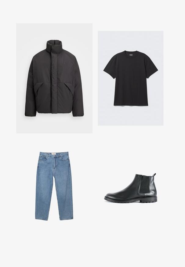 Črna napihnjena jakna s visokim ovratnikom, skritim sprednjim zadrgo, stranskimi žepi in vezenim logotipom na zgornjem levem prsnem delu.; Crna majica s kratkimi rokavi iz bombaža. Ima okroglo ovratnik in sproščen kroj. Preprost dizajn brez vzorcev ali poudarkov.; Svetlo modri jeans z ravnim krojem, pet žepnim dizajnom in vidno blagovno znamko na pasu.; Črne usnjene gležnjarje z elastičnim stranskim panelom, zaobljenim nosom in teksturiranim gumijastim podplatom. Imajo zanko za poteg na zadnji strani.