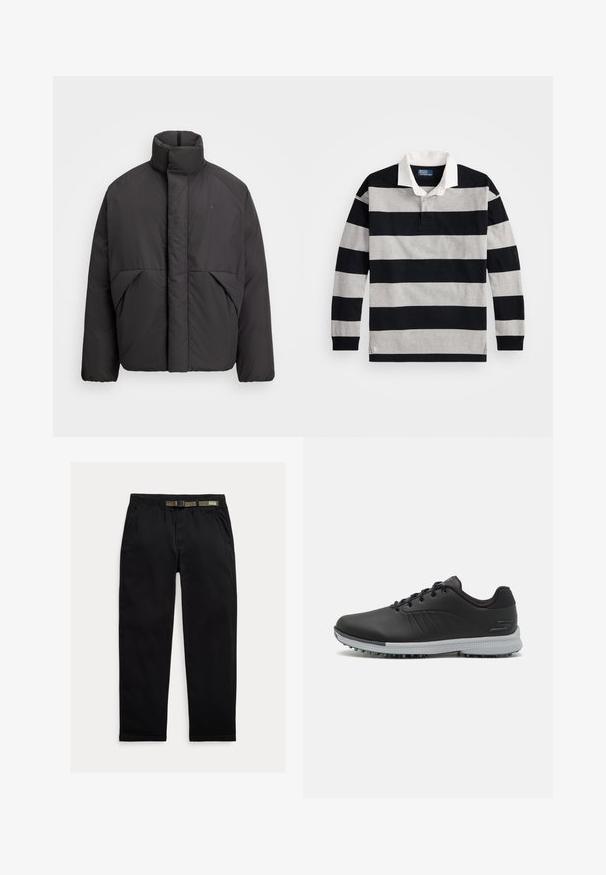 Czarna puchowa kurtka z wysokim kołnierzem, ukrytą z przodu zamkiem błyskawicznym, bocznymi kieszeniami i haftowanym logo na górnej lewej stronie klatki piersiowej.; Czarny i szary w paski długi rękaw polo z białym kołnierzykiem oraz małym logo na dolnym brzegu. Wykonane z miękkiej bawełny.; Czarne spodnie wykonane z lekkiego materiału, z elastycznym paskiem wbudowanym w zielony pas, prostą nogawką oraz bocznymi kieszeniami.; Czarne syntetyczne buty golfowe z teksturowaną cholewką, sznurowanym designem oraz szarym spodem z kolcami poprawiającymi przyczepność.
