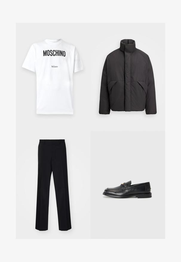 Must musternahkiga must puffer-jakk, millel on kõrge krae, peidetud esi tõmblukk, küljetaskud ja ülemisel vasakul rinnal tikitud logo.; Valge puuvillane t-särk, millel on suured mustad "MOSCHINO" tähed ja väiksem "Milano" tekst allpool. Lühikesed varrukad ja klassikaline ümar kaelus.; Mustad ülikonnad püksid laia sääre disainiga, sujuva tekstuuriga ja teravate voltidega, valmistatud kootud kangast.; Mustad mustad nahast loafersid esitlevad ümarat varvast, keerduvaid õmblusi ja väikest kuldset detailet ees. Tallad on lamedad ja diskreetsed.