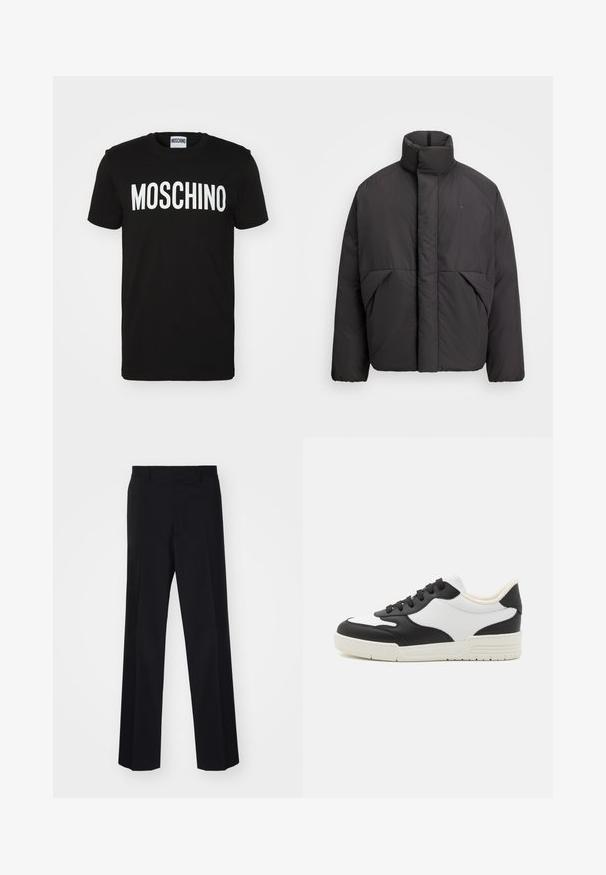 Black puffer jacket with high collar, concealed front zipper, side pockets, and embroidered logo on the upper left chest.; Black cotton t-shirt featuring bold white "MOSCHINO" text across the front; crew neck and short sleeves. Simple design, classic fit.; Black tailored trousers with a wide-leg design, featuring a smooth texture and sharp creases, made from a woven fabric.; Black and white sneaker with a smooth leather upper, rounded toe, and flat rubber sole. Features black laces and soft inner lining.