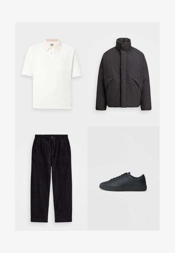 Casaco puffer preto com gola alta, fecho frontal oculto, bolsos laterais e logótipo bordado no lado superior esquerdo do peito.; Polo de manga curta branco com gola bege, dois botões, tecido texturizado e pequeno logótipo bordado no peito.; Calças de veludo cotelê pretas com um ajuste relaxado, apresentando uma cintura elástica com cordão e bolsos laterais. O tecido apresenta uma textura canalizada.; Ténis pretos feitos de couro liso com um design de cano baixo, bico redondo e sola de borracha plana. Apresentam atacadores e uma marcação discreta.