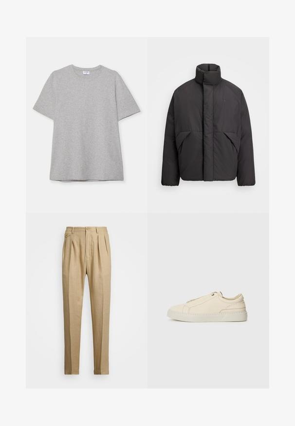Melnā pūkaina jakā ar augstu apkakli, slēptu priekšējo rāvējslēdzēju, sānu kabatām un izšūtu logotipu augšējā kreisajā krūtī.; Pelēks īsā piedurkņu T-krekls, kas izgatavots no mīkstas, teksturētas auduma. Tam ir klasiskā apļa kakla izgriezums un taisna apakšmalā, piemērots ikdienas valkāšanai.; Bēšas lina bikses ar taisnu griezumu, ar divām priekšējām krokām, pogu aizdari un sānu kabatām. Strukturēta auduma virsma ar gludu apdari.; Bežīga ādas kedas ar noapaļotu purngalu, minimālistisku dizainu, smalkiem stīgām un teksturētu virsmu uz gaišas zoles.
