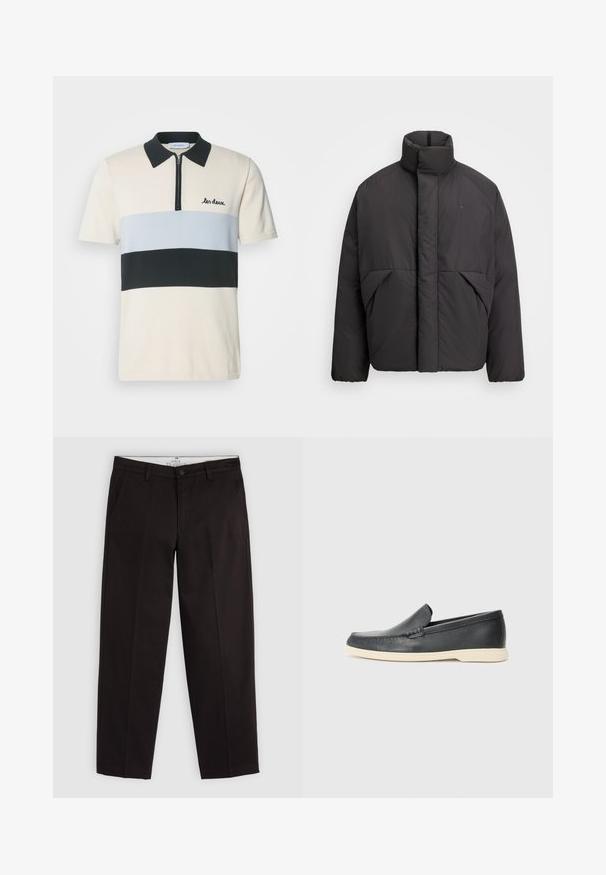 Zwart gewatteerd jack met hoge kraag, verborgen rits aan de voorkant, zijzakken en geborduurd logo op de bovenste linkerkant van de borst.; Les Deux RAUL - Poloshirt - ivory/black; Zwarte rechte chino's met riemlussen, knoopsluiting en zijzakken, weergegeven op een lichtgrijze achtergrond.; Zwarte leren instappers met een gestructureerde afwerking en een contrasterende beige rubberen zool. Beschikt over een subtiele accent langs de voorkant.