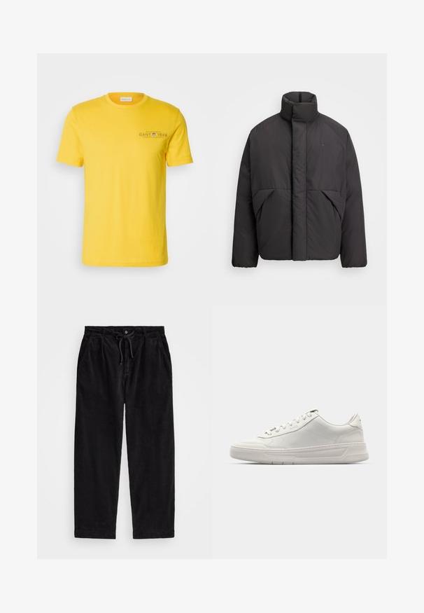 Crna puffer jakna s visokim ovratnikom, skrivenim prednjim patentnim zatvaračem, bočnim džepovima i izvezenim logotipom na gornjem lijevom prsnom dijelu.; Žuta pamučna majica s okruglim izrezom, kratkim rukavima i otisnutim logotipom na lijevoj strani prsnog koša, s glatkom teksturom i ležernim dizajnom.; Crne kordura hlače s opuštenim krojem, koje sadrže elastičnu gumicu s vezicom i bočne džepove. Tkanina pokazuje rebrastu teksturu.; Bijele tenisice s glatkim kožnim gornjištem, okruglim vrhom, vezanjem i debelim gumenim potplatom. Suptilan logo sa strane.