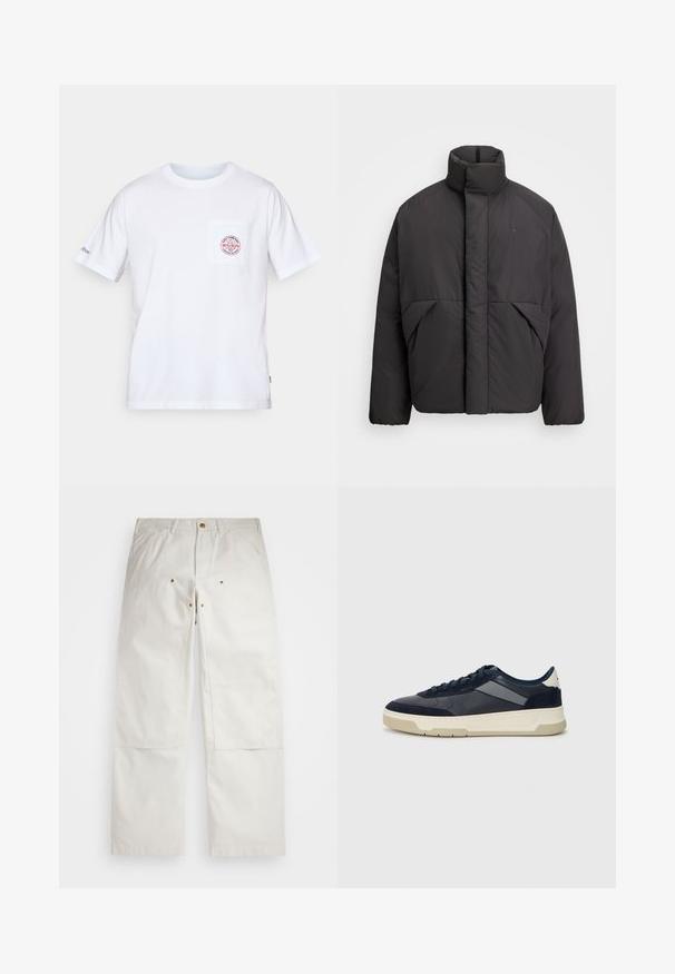 Crna puffer jakna s visokim ovratnikom, skrivenim prednjim patentnim zatvaračem, bočnim džepovima i izvezenim logotipom na gornjem lijevom prsnom dijelu.; Bijela pamučna majica s okruglim izrezom, kratkim rukavima i prednjim džepom koji sadrži crveno-plavi dizajn loga. Standardna veličina.; Bijele pamučne hlače sa opuštenim krojem, s prednjim džepovima, zlatnim detaljima i zakrpama na koljenima.; BOSS BALTIMORE - Tenisice - open blue
