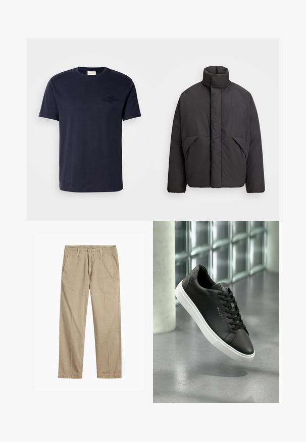 Casaco puffer preto com gola alta, fecho frontal oculto, bolsos laterais e logótipo bordado no lado superior esquerdo do peito.; T-shirt de algodão azul-marinho com mangas curtas, decote redondo e logótipo bordado no peito. Textura suave, corte reto, design minimalista.; Chinos bege de perna reta com passantes para cinto, fecho frontal com botão e fecho de correr, e bolsos frontais inclinados.; Sapatilha de couro preto com sola de borracha branca, bico redondo e atacadores. Apresenta uma textura suave e uma marcação subtil na língua.