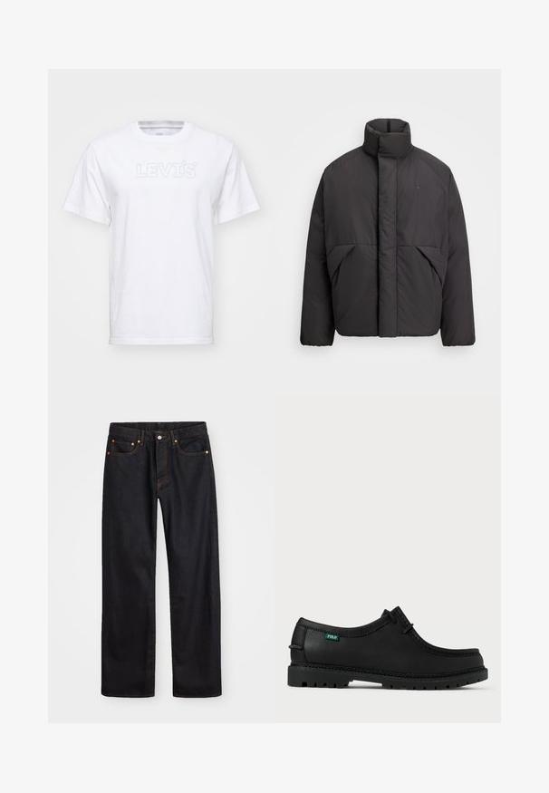 Must musternahkiga must puffer-jakk, millel on kõrge krae, peidetud esi tõmblukk, küljetaskud ja ülemisel vasakul rinnal tikitud logo.; Valge puuvillane t-särk lühikeste varrukatega ja ümmarguse kaelusega. Ees on helesinisest reljeefsest kirjatüübis "LEVI'S" logo.; Meeste sirge jala mustad denim teksad viie taskuga, oranž õmblus, nupu ja tõmblukuga ees nagu vöökoht.; Must musta mustelajaga musta nahast king madalal profiilil, ümar varvas ja tekstuuriga põhi. Omab roheline "POLO" silt ja kontrastne tikand ääres.