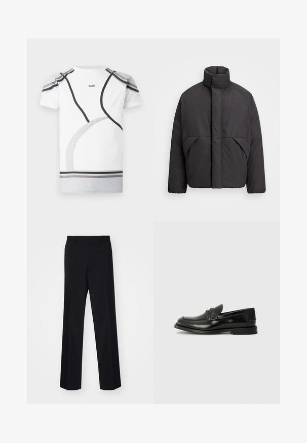 Čierna nafukovacia bunda s vysokým golierom, skrytým predným zipsom, bočnými vreckami a vyšitým logom na hornej ľavej strane hrudníka.; Biely športový tričko s šedými a čiernymi zakrivenými akcentmi, sieťovanými ramennými panely a logom na zadnej strane. Navrhnuté pre priliehavý vzhľad a pohodlie.; Čierne tailored nohavice s širokým strihom, s hladkou textúrou a ostrými záhybmi, vyrobené z tkaného materiálu.; Čierne kožené loafery s okrúhlym špičkou, dekoratívnym prešívaním a malým predným klapkou. Plná gumová podrážka s minimálnym podpätkom.