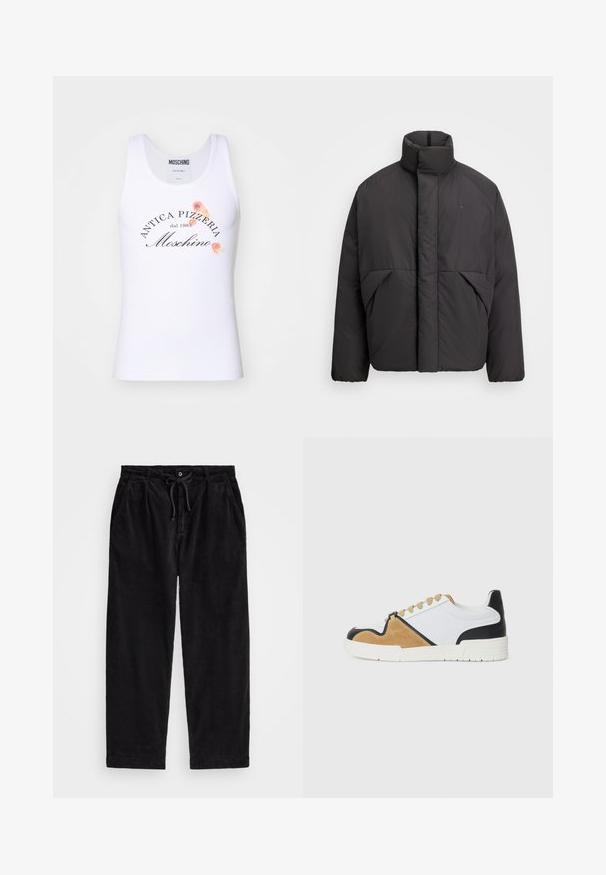 Casaco puffer preto com gola alta, fecho frontal oculto, bolsos laterais e logótipo bordado no lado superior esquerdo do peito.; Camisola de alças de algodão branca com uma impressão gráfica que diz "ANTICA PIZZERIA dal 1983 Moschino" e detalhes florais em laranja e rosa.; Calças de veludo cotelê pretas com um ajuste relaxado, apresentando uma cintura elástica com cordão e bolsos laterais. O tecido apresenta uma textura canalizada.; Ténis feitos de têxtil branco com camurça cor castanha e detalhes em couro preto, apresentando uma biqueira arredondada, um design de atacador plano e uma sola texturizada.