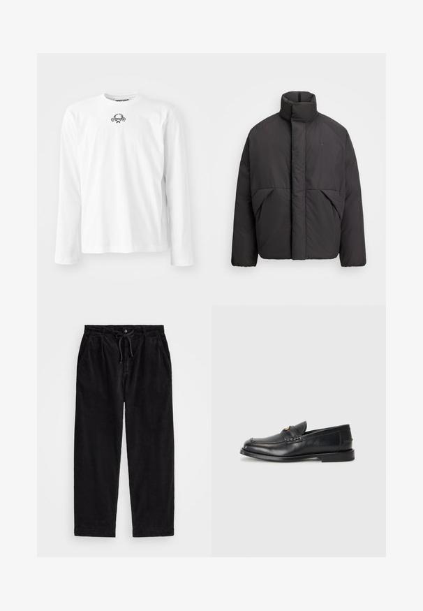 Černá prošívaná bunda s vysokým límcem, skrytým předním zipem, bočními kapsami a vyšívaným logem na levém horním prsu.; Bílá košile s dlouhým rukávem vyrobená z bavlny, s kulatým výstřihem a malým černým grafickým designem ve středu, s manžetovými rukávy.; Černé kordové kalhoty s volným střihem, vybavené elastickým pasem se šňůrkou a bočními kapsami. Tkanina má jemně rýhovanou strukturu.; Černé kožené loafers mají zaoblenou špičku, šité detaily a malý zlatý akcent na přední straně. Podešev je plochá a nenápadná.