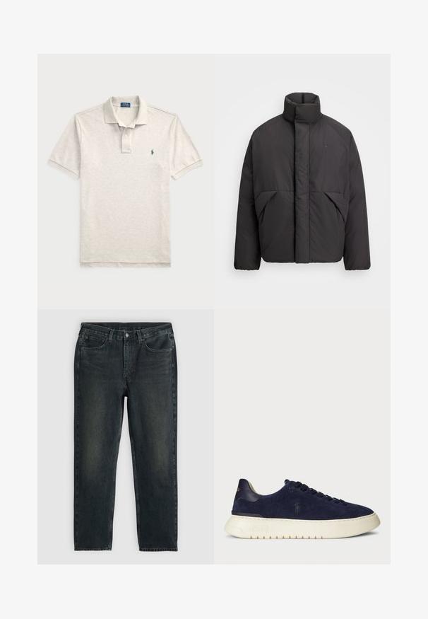 Črna napihnjena jakna s visokim ovratnikom, skritim sprednjim zadrgo, stranskimi žepi in vezenim logotipom na zgornjem levem prsnem delu.; Svetlo siva polo majica iz bombaža, s trojnim gumbom, kratkimi rokavi in majhnim zelenim logotipom na levem prsnem delu.; Temno modri traper hlače z ravnim krojem, opremljene s petimi žepi, zadrgo in kontrastnim šivom. Nežna bledica na tkanini.; Mornarski semiš nizki športni čevelj z teksturirano površino, gumijastim podplatom in toniranimi vezalkami, z manjšim logotipom na strani in peti.