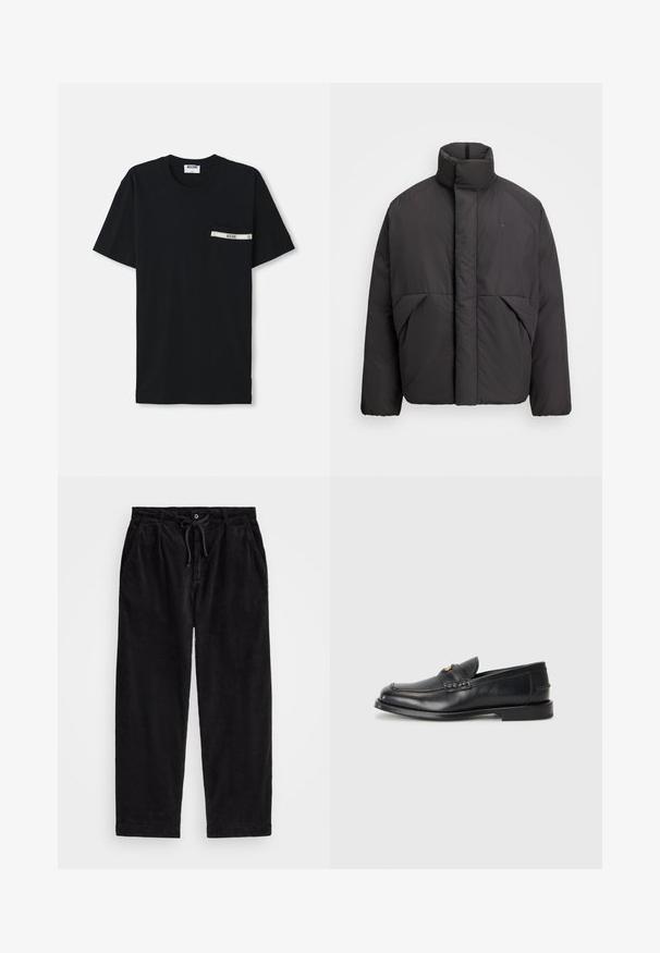 Chaqueta de plumas negra con cuello alto, cremallera frontal oculta, bolsillos laterales y logo bordado en la parte superior izquierda del pecho.; Camiseta de algodón negra de manga corta, con cuello redondo y un bolsillo en el lado izquierdo que presenta una raya blanca y un detalle de logo.; Pantalones de pana negra con corte relajado, que cuentan con una cinturilla elástica con cordón ajustable y bolsillos laterales. La tela presenta una textura acanalada.; Mocasines de cuero negro con punta redonda, detalles de costura y un pequeño acento dorado en la parte frontal. La suela es plana y discreta.