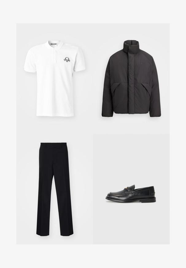 Mustat puhallettavat takki, jossa on korkea kaulus, piilotettu etuvetoketju, sivutaskut ja brodeerattu logo vasemmassa ylärinnassa.; Valkoinen puuvillapaita, jossa on musta brodeerattu kuvio vasemmassa rinnassa. Klassinen kaulus ja nappilista.; Musta räätälöity lahje leveällä leikkauksella, jossa on sileä pinta ja terävät taitteet, valmistettu kudotusta kankaasta.; Mustat nahkaiset loaferit, joissa on pyöreä varvas, tikatut yksityiskohdat ja pieni kultainen yksityiskohta edessä. Pohja on litteä ja huomaamaton.