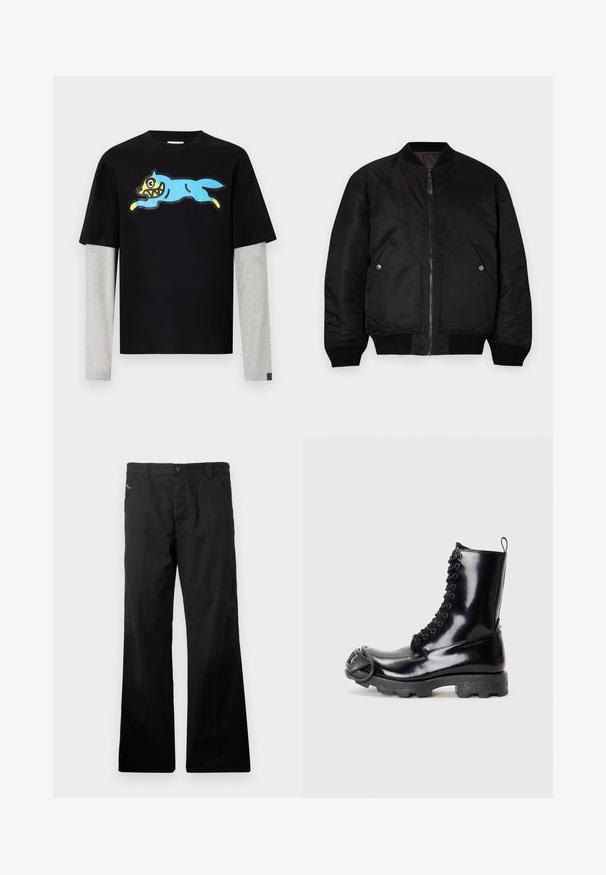 Melns bomber jakas ar priekšējo rāvējslēdzēju, ribotām aprocēm un divām lielām sānu kabatām. Iezīmējas ar gludu, matētu tekstūru un apaļu apkakli.; Icecream RUNNING DOG LAYERED - Tops ar garām piedurknēm - black; Melnas kokvilnas taisna stila bikses ar pogu aizdari. Aprīkotas ar sānu kabatām un minimālistisku dizainu bez redzamām rakstu vai akcentu detaļām.; Melnas patentētas ādas kaujas zābaki ar spīdīgu apdari, ar šņorešanas dizainu, biezu gumijas zoli un izteiktu priekšpuses detaļu.