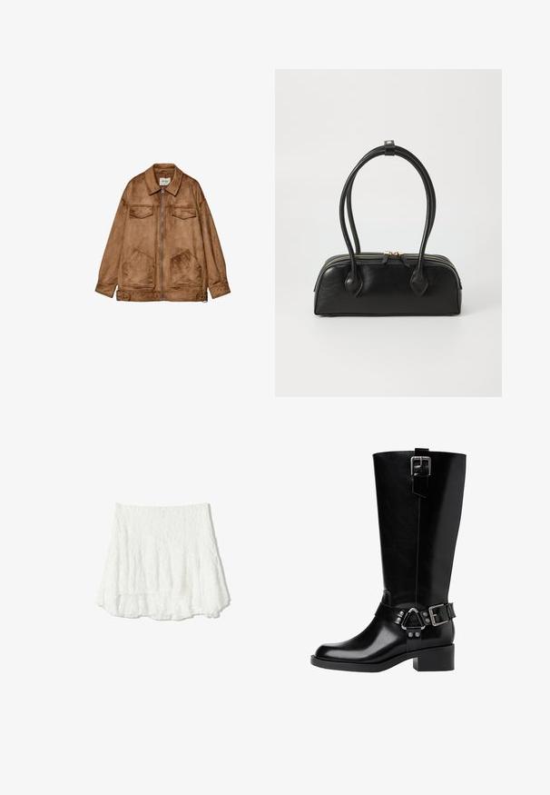 Rjav suedinjak z zadrgo spredaj, dvema žepoma na prsih in dvema večjima žepoma spodaj. Ima klasičen ovratnik in sproščen kroj.; Črno-bela prugasta skrajšana majica, rebraste teksture, kratki rokavi s valovitimi robovi, okrogla izreza, sproščena prileganje.; Bela, teksturirana mini krila s slojevitim, volanastim robom. Narejena iz lahkega materiala, s gubanim videzom in elastičnim pasom.; Črne usnjene hlačne škornje do kolen z zaobljenim nosom, debelim petam, nastavljivim pasom s kovinskimi detajli in sijočim zaključkom.; Črna usnjena torbica z dvema podolgovatima ročajema, z zadrgo in zaobljeno obliko; gladka tekstura z rahlo sijočim zaključkom.