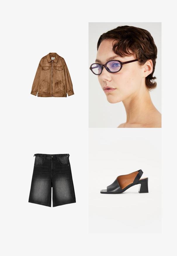 Hnědá semišová bunda se zipem vpředu, dvěma náprsními kapsami a dvěma většími spodními kapsami. Má klasický límec a volnější střih.; Černobílý pruhovaný kratší top, ribbovaný materiál, krátké rukávy s vroubkovanými okraji, kulatý výstřih, volný střih.; Černé džínové šortky s vyšisovaným vzhledem, pěti kapsami, knoflíkovým zapínáním a poutky na opasek. Materiál má hladkou texturu.; Černá kožená otevřená sandálová bota s čtveratým podpatkem a hnědým interiérem. Má zakřivený design svršku a texturovanou podrážku.; Hnědé oválné brýle s průhlednými fialovými skly; elegantní design a hladká textura. Noseny na osobě s krátkými vlnitými vlasy.; Černá kožená kabelka s dvěma dlouhými uchy, zipovým uzávěrem a zaobleným tvarem; hladký povrch s jemným lesklým finišem.