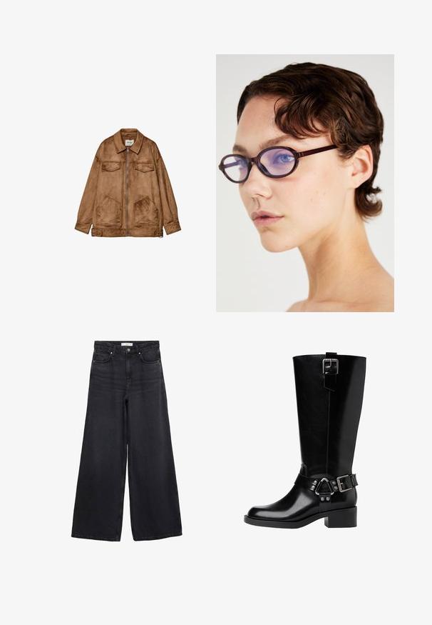 Brun ruskindsjakke med lynlås foran, to brystlommer og to større lommer nederst. Har klassisk krave og afslappet pasform.; Sort og hvid stribet cropped top, ribbet tekstur, korte ærmer med bølgede kanter, rund halsudskæring, afslappet pasform.; Sorte brede jeans lavet af denim, med høj talje, frontlommer og klassisk syning langs sømmene.; Sort læderknæhøj støvle med rund tå, en kraftig hæl, justerbar strop med hardware-accenter og en blank finish.; Brune, ovale-ramme briller med gennemsigtige lilla linser; slankt design og glat tekstur. Båret af en person med kort, bølget hår.; Sort læder håndtaske med to langstrakte håndtag, lynlåslukning og afrundet form; glat tekstur med en subtil blank finish.