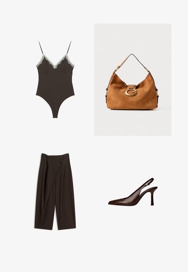 Hnedá semišová bunda so zipsom vpredu, dvoma náprsními vreckami a dvoma väčšími dolnými vreckami. Má klasický golier a voľný strih.; Hnedý body s nastaviteľnými ramienkami a čipkovým lemom na hlbokom výstrihu do V. Hladká textúra, priliehavý strih a vysoko vystrihnuté nohavice.; Tmavohnedé široké nohavice s vysokým pásom, s jedným gombíkom a záhybmi vpredu. Vyrobené z ľahkej textílie.; Hnedé kožené slingback lodičky s špicatou špičkou a tenkým podpätkom. Obsahujú malú ozdobnú pracku na remienku a lesklý povrch.; Hnedá semišová kabelka s zaobleným tvarom, zlatou kovovou sponou a kontrastným čiernym lemovaním. Obsahuje jeden ramenný popruh na nosenie.