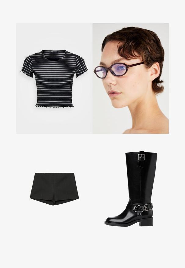 Smeđi zamak jakna s patentnim zatvaračem sprijeda, dva džepa na prsima i dva veća donja džepa. Ima klasičan ovratnik i opušteni kroj.; Crno-bijeli prugasti, kratki rukavi, rebrasti top sa prilagođenim oblikom i valovitim detaljima na rukavima i rubu.; Crne kratke hlače od teksturiranog materijala, s visokim pojasom i uskim krojem s prednjim šavovima. Nema vidljivih džepova ili kopčanja.; Crna kožna čizma do koljena s zaobljenim vrhom, robusnom petom, podesivim remenom s hardverskim detaljima i sjajnom završnom obradom.; Smeđe, ovalne naočale s prozirnim ljubičastim lećama; elegantan dizajn i glatka tekstura. Nose ih osoba s kratkom, valovitom kosom.; Crna kožna torba s dva izdužena ručka, zatvaranjem na zip i zaobljenim oblikom; glatka tekstura s suptilnim sjajnim završetkom.