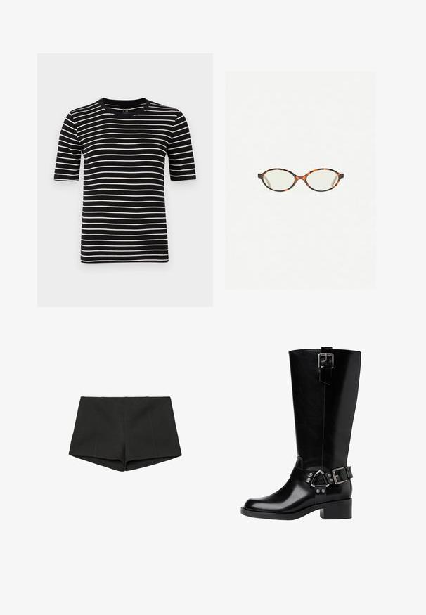 Hnědá semišová bunda se zipem vpředu, dvěma náprsními kapsami a dvěma většími spodními kapsami. Má klasický límec a volnější střih.; Tričko s černobílým pruhovaným vzorem, krátké rukávy, kulatý výstřih, vyrobené z měkkého bavlněného úpletu, s rovnoměrnými pruhy a standardním střihem.; Černé kraťasy vyrobené z texturované tkaniny, s vysokým pasem a přiléhavým střihem s předními švy. Žádné kapsy ani uzávěry nejsou viditelné.; Černá kožená vysoká bota po kolena s kulatou špičkou, masivním podpatkem, nastavitelným popruhem s kovovými akcenty a lesklým povrchem.; Želvovinové brýle s oválnými čočkami a hladkým, jemným povrchem. Má tenké bočnice s jemným zakřivením v chrámcích. Čiré čočky.; Černá kožená kabelka s dvěma dlouhými uchy, zipovým uzávěrem a zaobleným tvarem; hladký povrch s jemným lesklým finišem.
