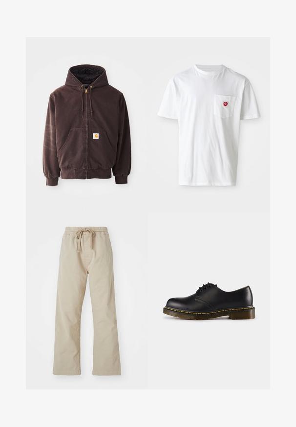 Hnědá zipová mikina s kapucí, dvěma předními kapsami, ribovanými manžetami a lemem. Obsahuje zlaté konce stahovací šňůrky a bílou nášivku s logem na kapse.; Bílá bavlněná trička s kulatým výstřihem a krátkými rukávy. Obsahuje malé červené srdíčko na levé kapse na hrudi.; Beige bavlněné kalhoty s elastickým pasem a šnůrkou. Rovný střih, hladká textura, bez viditelných vzorů či akcentů.; Černá kožená bota s kulatou špičkou, šněrovacím designem, žlutým prošíváním podél podrážky a chunky, texturovanou gumovou podrážkou.