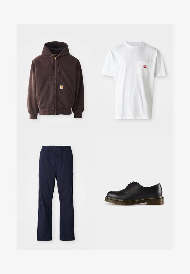 Felpa con zip marrone dotata di cappuccio, due tasche frontali, polsini e orlo a costine. Presenta estremità dei lacci dorate e una patch con logo bianco sulla tasca.; T-shirt bianco in cotone con scollatura rotonda e maniche corte. Presenta un piccolo logo a forma di cuore rosso sul taschino sinistro.; Pantaloni in cotone blu navy con vita elastica, dal design a gamba dritta e dettagli di cucitura discreti. Tessuto liscio, senza tasche visibili.; Scarpa in pelle nera con punta arrotondata, design con lacci, cuciture gialle lungo la suola e suola in gomma spessa e testurizzata.