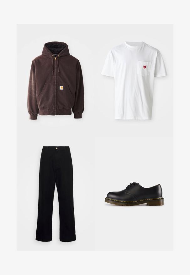 Ruskea vetoketjullinen huppari, jossa on huppu, kaksi etutaskua, ribbaatut hihansuut ja helma. Ominaisuuksiin kuuluvat kultaiset narun päät ja valkoinen logo-patch taskussa.; Valkoinen puuvillapaita, jossa on pyöreä kaula-aukko ja lyhyet hihat. Vasemmassa rintataskussa on pieni punainen sydänlogo.; Mustat housut, jotka on valmistettu raskasta kangasta, suoran lahkeen muotoilu, etutaskut, vetoketjusulku ja yksi metallinen napitus.; Musta nahkakenkä, jossa on pyöreä kärki, nauhakiinnitys, keltainen päällinen pohjan ympärillä ja tukeva, teksturoitu kumipohja.