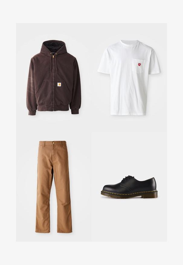 Sweat à capuche zippé marron avec une capuche, deux poches avant, des poignets et un ourlet côtelés. Présente des embouts de cordon dorés et un écusson logo blanc sur la poche.; T-shirt en coton blanc avec un col rond et des manches courtes. Présente un petit logo en forme de cœur rouge sur la poche gauche de la poitrine.; Pantalon marron à jambes droites avec passants de ceinture, poches avant, fermeture à bouton et fermeture éclair sur fond blanc.; Chaussure en cuir noir avec un bout arrondi, design à lacets, couture jaune le long de la semelle et une semelle en caoutchouc texturée et épaisse.