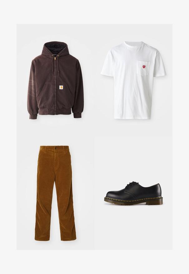 Sweat à capuche zippé marron avec une capuche, deux poches avant, des poignets et un ourlet côtelés. Présente des embouts de cordon dorés et un écusson logo blanc sur la poche.; T-shirt en coton blanc avec un col rond et des manches courtes. Présente un petit logo en forme de cœur rouge sur la poche gauche de la poitrine.; Carhartt WIP SINGLE KNEE PANT - Pantalon classique - deep brown rinsed; Chaussure en cuir noir avec un bout arrondi, design à lacets, couture jaune le long de la semelle et une semelle en caoutchouc texturée et épaisse.