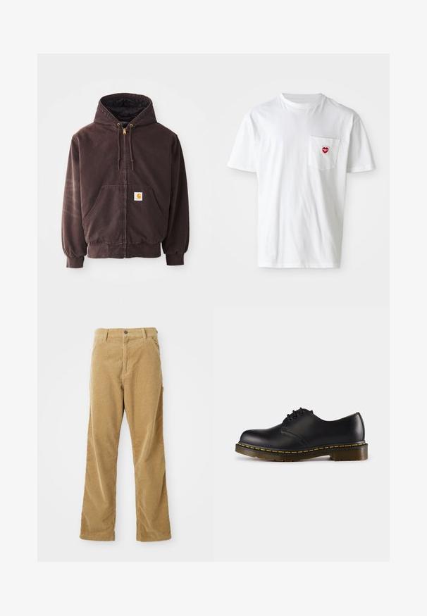 Ruskea vetoketjullinen huppari, jossa on huppu, kaksi etutaskua, ribbaatut hihansuut ja helma. Ominaisuuksiin kuuluvat kultaiset narun päät ja valkoinen logo-patch taskussa.; Valkoinen puuvillapaita, jossa on pyöreä kaula-aukko ja lyhyet hihat. Vasemmassa rintataskussa on pieni punainen sydänlogo.; Vaaleanruskeat samettihousut, joissa on etutaskut, vyölenkit, nappisulku ja suora lahje, makaa litteänä valkoisella taustalla.; Musta nahkakenkä, jossa on pyöreä kärki, nauhakiinnitys, keltainen päällinen pohjan ympärillä ja tukeva, teksturoitu kumipohja.