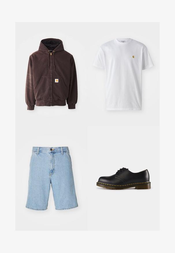 Brazna zip-up kapuca s kapuco, dvema sprednjima žepoma, rebrastimi manšetami in robom. Ima zlate konce za zategovanje in belo nalepko z logotipom na žepu.; Bela bombažna majica s kratkimi rokavi, krožnim ovratnikom, z majhnim zlatim logotipom na levem prsnem predelu. Mehka tekstura in običajen kroj.; Svetlo modri jeans kratke hlače s sproščenim krojem, z zadrgo in gumbom za zapiranje ter štirimi žepi. Tkanina ima gladko teksturo.; Črn usnjen čevelj z zaobljenim nosom, zavezovanje z vezalkami, rumena šivanka ob podplatu in masiven, teksturiran gumijast podplat.