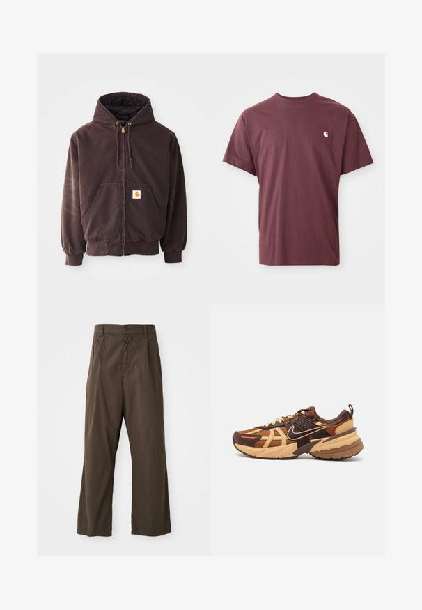 Pruun tõmblukuga kapuutsiga dressipluus, millel on kaks eesmist taskut, soonikkoes mansetid ja ääre. Omab kuldseid paelte otsi ja valget logo kleebist taskul.; Burgundia puuvillane t-särk lühikeste varrukatega, ümmargune kaelus ja väike valge logo vasakul rinnal. Sile tekstuur, mugav lõige.; Pruunid, laial jalal oleva puuvillased püksid, millel on eesnuppude sulgemine, vöökohad ja sile, mati tekstuur.; Nike Sportswear V2K RUN - Tossud - light british tan/sesame/picante red/cacao wow/dark russet