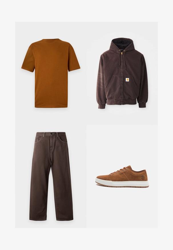 Bruine zip-up hoodie met een capuchon, twee voorzakken, ribgebreide manchetten en zoom. Heeft gouden trekkoord uiteinden en een wit logolabel op de zak.; Korte mouwen t-shirt in gebrand oranje katoen. Heeft een ronde hals, een relaxte fit en een gladde textuur zonder patronen of versieringen.; Bruine wijde broek van katoen, met een klassiek vijf-pocketdesign, een ritsgulp en zichtbare stikseldetails.; Bruine suède sneakers met een witte rubberen zool, ronde neus, zes metalen veterogen en een reliëflogo detail aan de zijkant. Klassiek vetersluiting ontwerp.