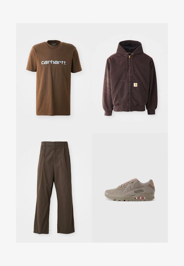 Brazna zip-up kapuca s kapuco, dvema sprednjima žepoma, rebrastimi manšetami in robom. Ima zlate konce za zategovanje in belo nalepko z logotipom na žepu.; Rjava bombažna majica s kratkimi rokavi, z belim napisom "carhartt" natisnjenim čez prsni del. Standardna zasnova s kroga vratu.; Rjave široke hlače iz bombaža z zapiranjem na gumb spredaj, z zankami za pas in gladko, mat teksturo.; Nike Air Max tenisice v svetlo rjavi barvi, z usnjem, teksturiranimi plastmi, rožnatimi detajli in vidnim zračnim blaženjem v podplatu.