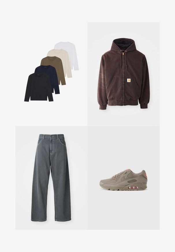 Brązowa rozpinana bluza z kapturem, z dwoma przednimi kieszeniami, ribbowymi mankietami i dołem. Posiada złote końcówki sznurka i białą naszywkę z logo na kieszeni.; Pięć koszulek z długim rękawem w gradientzie kolorów: ciemny granat, granat, oliwkowy, beżowy i biały. Każda z nich ma okrągły dekolt i gładką teksturę.; Szare dżinsowe spodnie o szerokich nogawkach i wysokim stanie, z kieszeniami frontowymi, szlufkami na pasek i zapięciem na guzik w pasie.; Sneaker Nike Air Max w jasnobrązowym kolorze, wykonany z materiału skórzanego, z teksturowanymi nakładkami, różowymi akcentami oraz widoczną poduszką powietrzną w podeszwie.