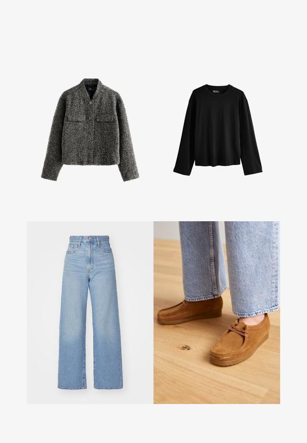 Pilkas žąsies pėdų rašto švarkas su dviem priekinėmis kišenėmis, apvaliu apykakliu ir penkiais mygtukais. Tekstūruota medžiaga su trumpu siluetu ir ilgomis rankovėmis.; Juodas ilgomis rankovėmis marškinėliai, pagaminti iš minkštos medvilnės. Turi apvalų iškirpimą, laisvą siluetą ir minimalistinį dizainą be raštų ar puošmenų.; Šviesiai mėlynos aukšto liemens plačios kojos džinsai su priekiniais užtrauktukais ir sagom, priekinėmis ir galinėmis kišenėmis, ant baltos fono.; Rudi odiniai batai su apvalia nosimi ir rudais guminiais padais, turintys paprastą raištelių dizainą, derinami su šviesiai mėlynomis džinsinėmis kelnėmis.