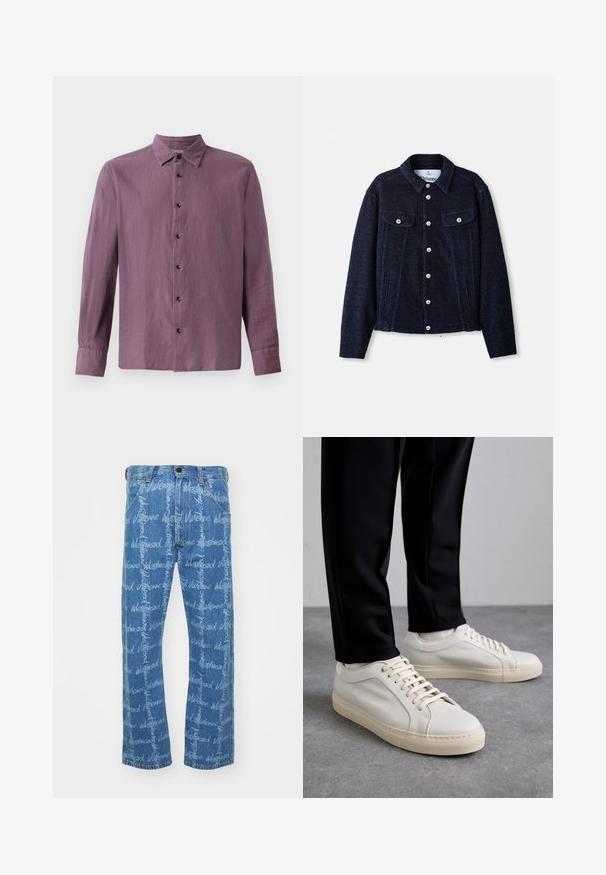 Jachetă de marină confecționată dintr-un material texturat, având guler, mâneci lungi, două buzunare pe piept și închideri cu nasturi argintii pe față.; Cămașă cu mâneci lungi dintr-un material violet deschis, având o deschidere cu nasturi negri și un guler clasic. Textură netedă, croi drept.; Blugi din denim albastru cu o croială dreaptă, având un model repetat de text "Vivienne Westwood" în alb. Design clasic cu cinci buzunare.; Adidași din piele bej deschis, cu șirete plate, o suprafață texturată și o talpă din cauciuc de culoare crem, asociați cu pantaloni negri tip tapered.