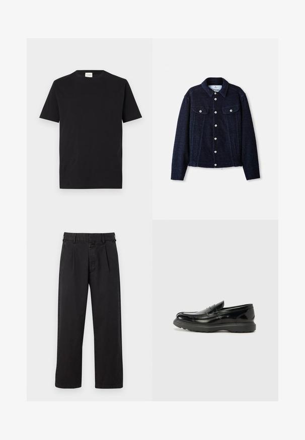 Navy jacket made of textured fabric, featuring a collar, long sleeves, two chest pockets, and silver button closures down the front.; Black cotton t-shirt with a crew neckline and short sleeves. Features a straight cut and minimal design, with a tag visible at the collar.; Black cotton trousers with a straight cut, featuring a pleated front, belt loops, and a button closure. Smooth texture without patterns.; Black leather loafer with a glossy finish, rounded toe, subtle stitching details, and a thick rubber sole for durability.