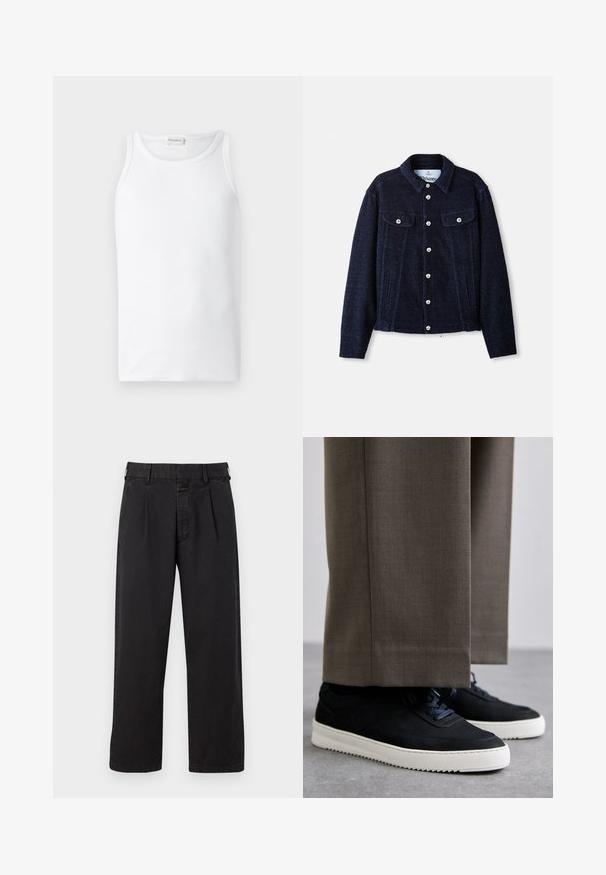 Marineblauwe jas gemaakt van textuurstof, met een kraag, lange mouwen, twee borstzakken en zilveren knopen om de voorkant te sluiten.; Witte tanktop, gemaakt van ribbelkatoen, met een ronde hals en een mouwloos ontwerp, een gladde textuur en zonder zichtbare patronen.; Zwarte katoenen broeken met een rechte snit, met een geplooide voorkant, riemlussen en een knoopsluiting. Gladde textuur zonder patronen.; Zwarte suède sneakers met witte rubberen zolen, voorzien van een ronde neus en veters, gedragen met grijze tailored broek.