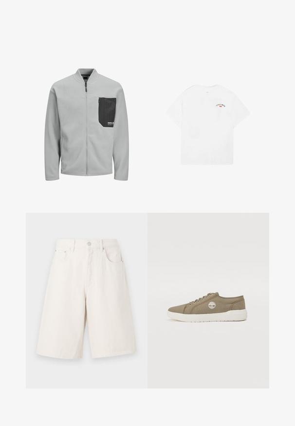 Fleecejacke in Hellgrau mit hohem Kragen, durchgehendem Reißverschluss und einer schwarzen strukturierten Tasche auf der linken Brust mit einem Logo.; Weißes Baumwoll-T-Shirt mit kurzen Ärmeln, rundem Halsausschnitt und einem kleinen Grafik mit der Aufschrift „LA VILLE LUMIÈRE“ in Schwarz und Rot auf dem oberen Rücken.; Helle beigefarbene Denim-Shorts mit lockerer Passform, zwei Fronttaschen, einem Reißverschluss und einem Metallknopfverschluss.; Canvas-Sneaker in Olivgrün mit weißen Akzenten, Schnürdesign, runde Zehenform und einem Logo mit einem Baum an der Seite. Flache Gummisohle.