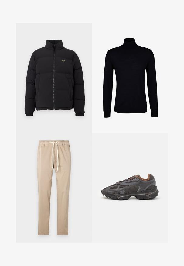 Mustapuffatakki korkealla kauluksella, edessä vetoketju ja pieni vihreä logo. Sisältää tikattuja osia ja joustavat hihansuut.; Musta poolneule sileasta neulekankaasta. Ominaisuuksiin kuuluu pitkät hihat, istuva kaula-aukko sekä ribbaatut hihansuut ja helma, jotka takaavat tiiviin istuvuuden.; Beige puuvillahousut, joissa on joustava vyötärö, nauhakiinnitys ja suora lahjerakenne. Sileä pinta ilman näkyviä kuvioita tai korosteita.; Lacoste-tennar i mörkgrått med nät- och syntetmaterial, med en texturerad sula och bruna accenter på kragen och märket.