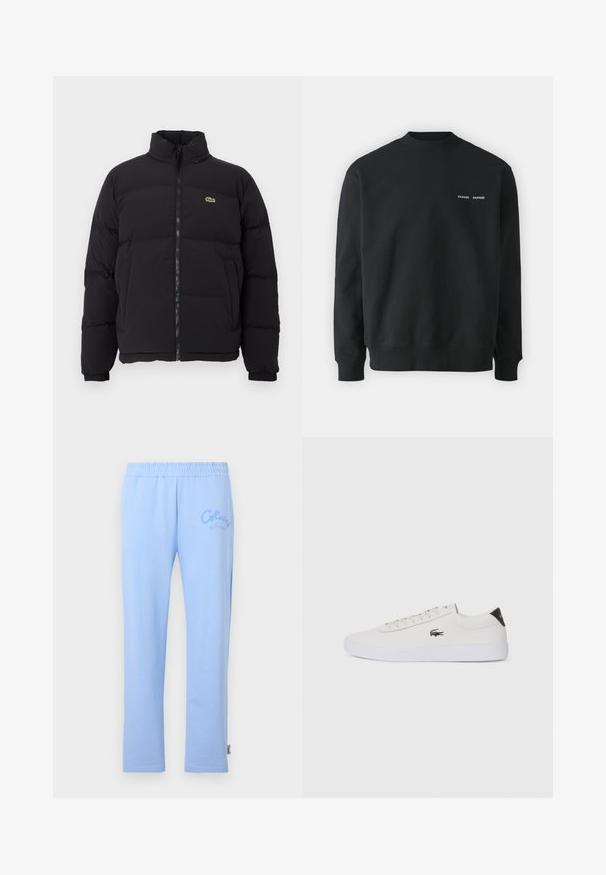 Crni zimski kaput s visokim ovratnikom, prednjim zatvaračem i malim zelenim logotipom. Sadrži kvadrate sa stupovima i elastične manžete.; Crna dukserica s okruglim izrezom, rebrastim manžetama i rubom. Ima mali bijeli logo na lijevoj strani prsnog koša. Izrađena od mekanog materijala.; Svijetloplave tajice od pamuka s elastičnim pojasom. Sadrži izvezeni logo "Colucci" na lijevoj strani i ravni kroj.; Bijele kožne tenisice s okruglim vrhom, vezanjem sprijeda i crnim detaljem na peti. Imaju mali izvezeni logotip krokodila s bočne strane.