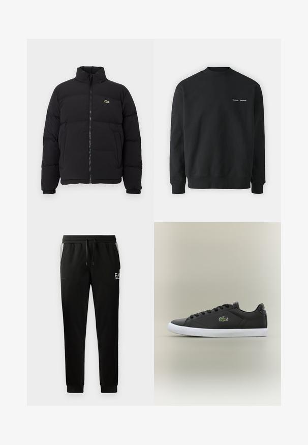 Casaco puffer preto com gola alta, fecho na frente e um pequeno logótipo verde. Apresenta secções acolchoadas e punhos elásticos.; Sweatshirt preto com decote redondo, punhos e bainha canelados. Apresenta um pequeno logotipo branco no lado esquerdo do peito. Feito de tecido macio.; Calças de treino pretas com cintura ajustável, pernas ajustadas, punhos canelados e detalhe gráfico no frente, além de acentos listrados nas laterais.; Tênis de couro preto com sola de borracha branca, apresentando um logotipo de crocodilo verde e cadarços redondos, design elegante com textura suave.