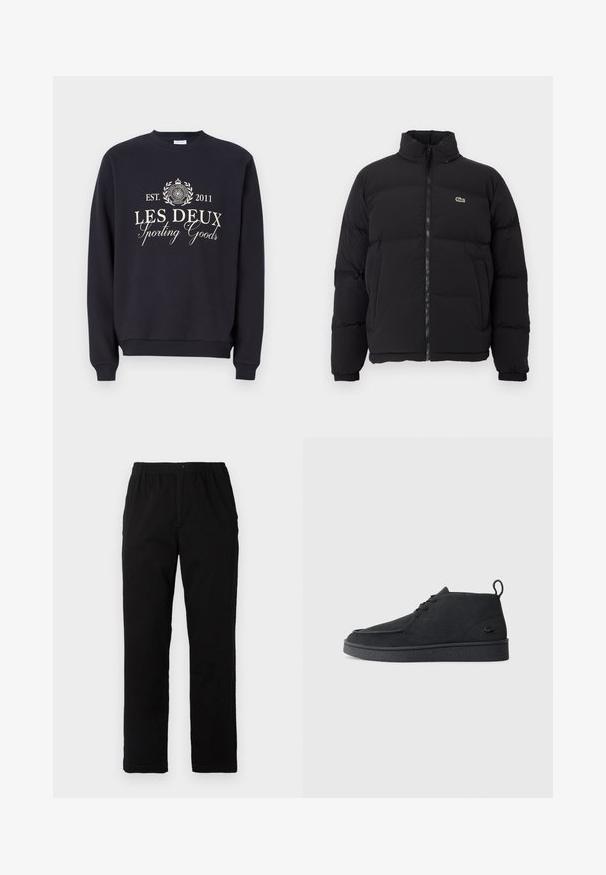 Black puffer jacket with a high collar, front zipper, and a small green logo. Features quilted sections and elasticized cuffs.; Navy blue sweatshirt made of cotton blend, features a crew neck, long sleeves, and a front graphic with "Les Deux Sporting Goods" in cream.; Black pants made of cotton blend fabric, featuring a straight cut, elastic waistband with button, and no visible patterns or accents.; Black suede lace-up ankle boot with pull tab and textured sole, featuring small embossed crocodile logo on the side.