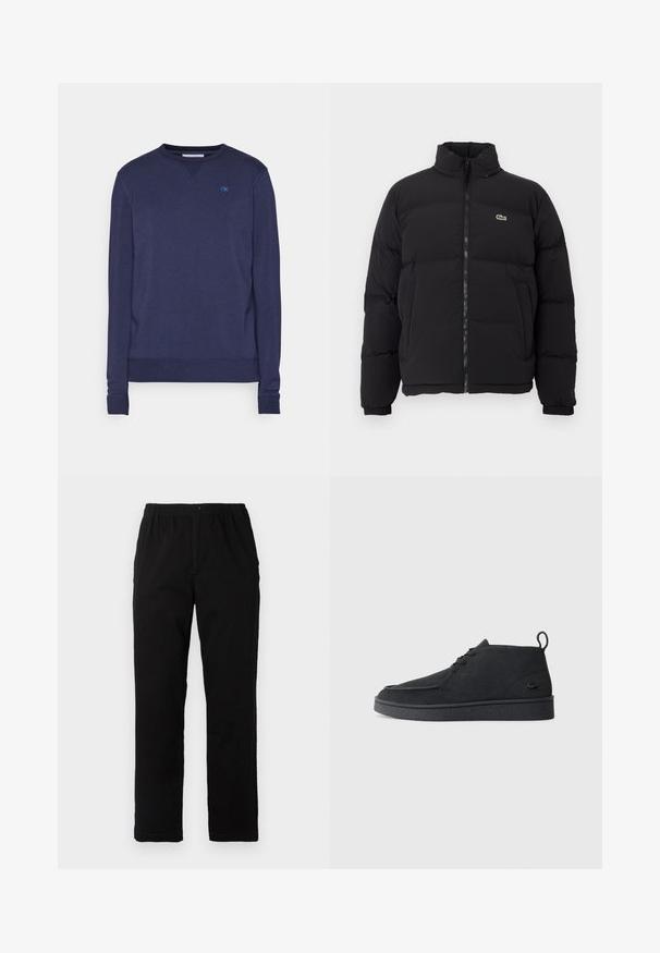 Black puffer jacket with a high collar, front zipper, and a small green logo. Features quilted sections and elasticized cuffs.; Navy cotton sweatshirt with crew neckline, ribbed cuffs and hem, featuring a small blue "CK" logo on the chest. Smooth texture.; Black pants made of cotton blend fabric, featuring a straight cut, elastic waistband with button, and no visible patterns or accents.; Black suede lace-up ankle boot with pull tab and textured sole, featuring small embossed crocodile logo on the side.