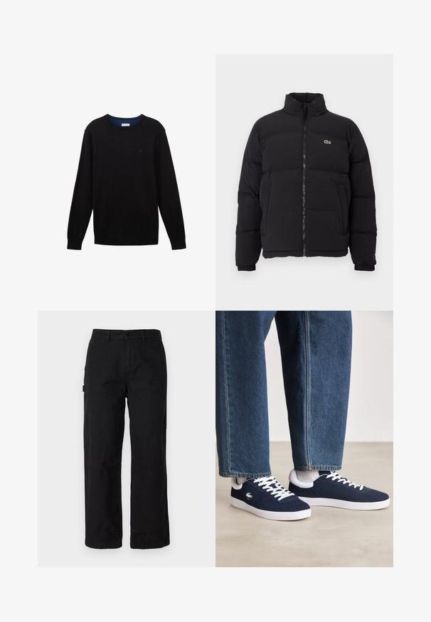 Schwarze Pufferjacke mit hohem Kragen, Frontreißverschluss und kleinem grünen Logo. Verfügt über gesteppten Bereiche und elastische Bündchen.; Schwarzer Strickpullover mit langen Ärmeln, geripptem Kragen, Bündchen und Saum. Besitzt ein dezentes Logo auf der Brust und einen blauen Innenkragen.; Schwarze Baumwoll-Cargohosen mit geradem Bein, ausgestattet mit Seitentaschen und einem vorderen Knopfverschluss. Langlebiger Stoff mit einer glatten Textur.; Blaue Leinenschuhe mit weißen Schnürsenkeln und Gummisohlen, präsentiert mit Jeanshosen und grauen gerippten Socken, auf einer hellgrauen Fläche.